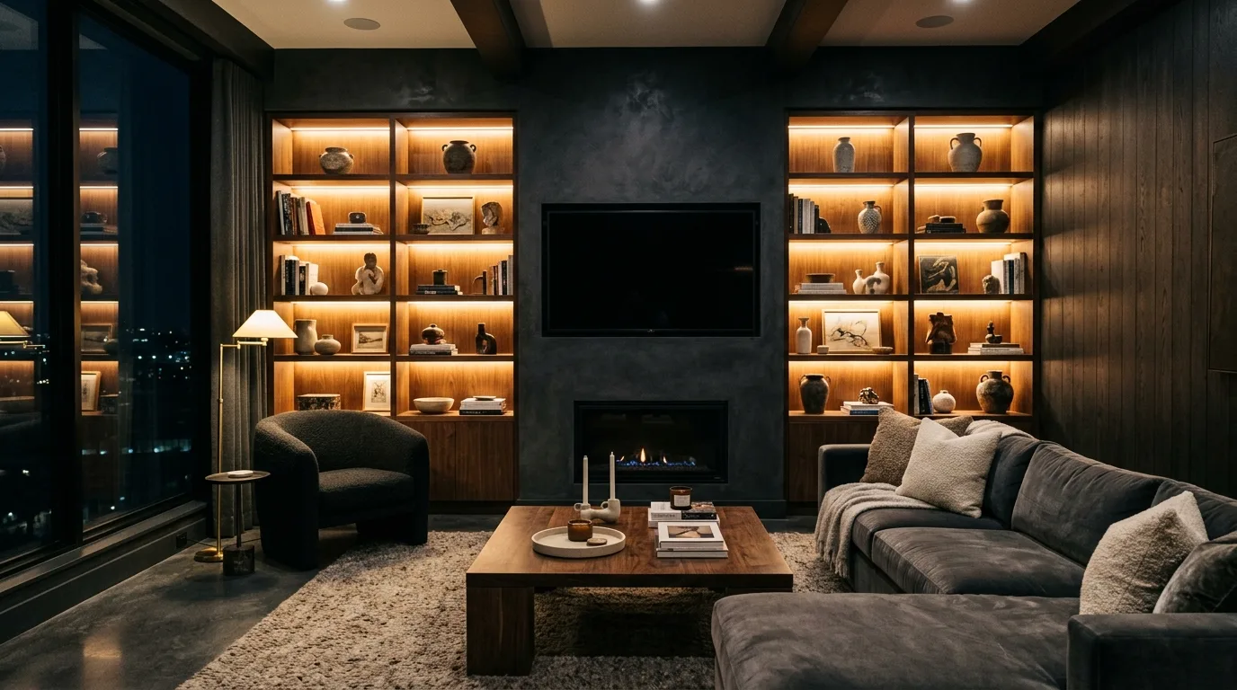 Let curtains add softness and shadow inspiration for a moody living room.
